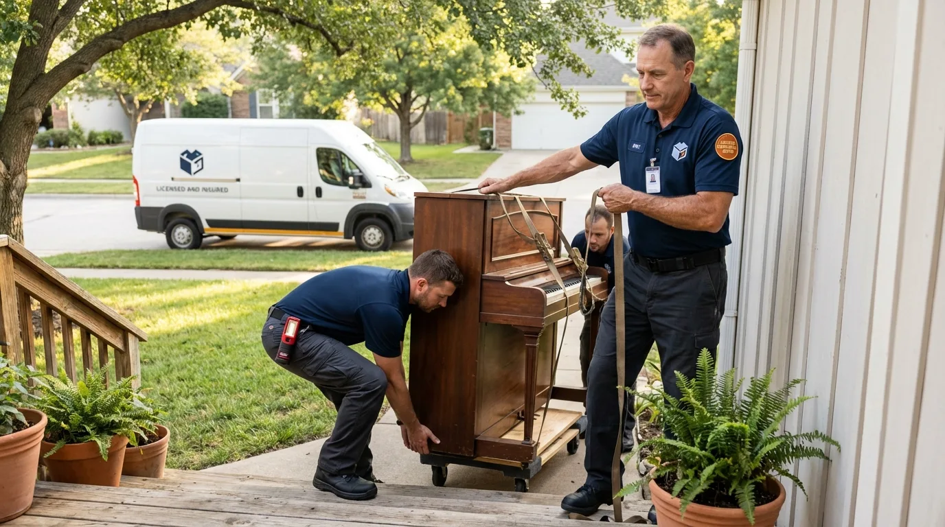Licensed piano movers securing grand piano in Delmont, PA
