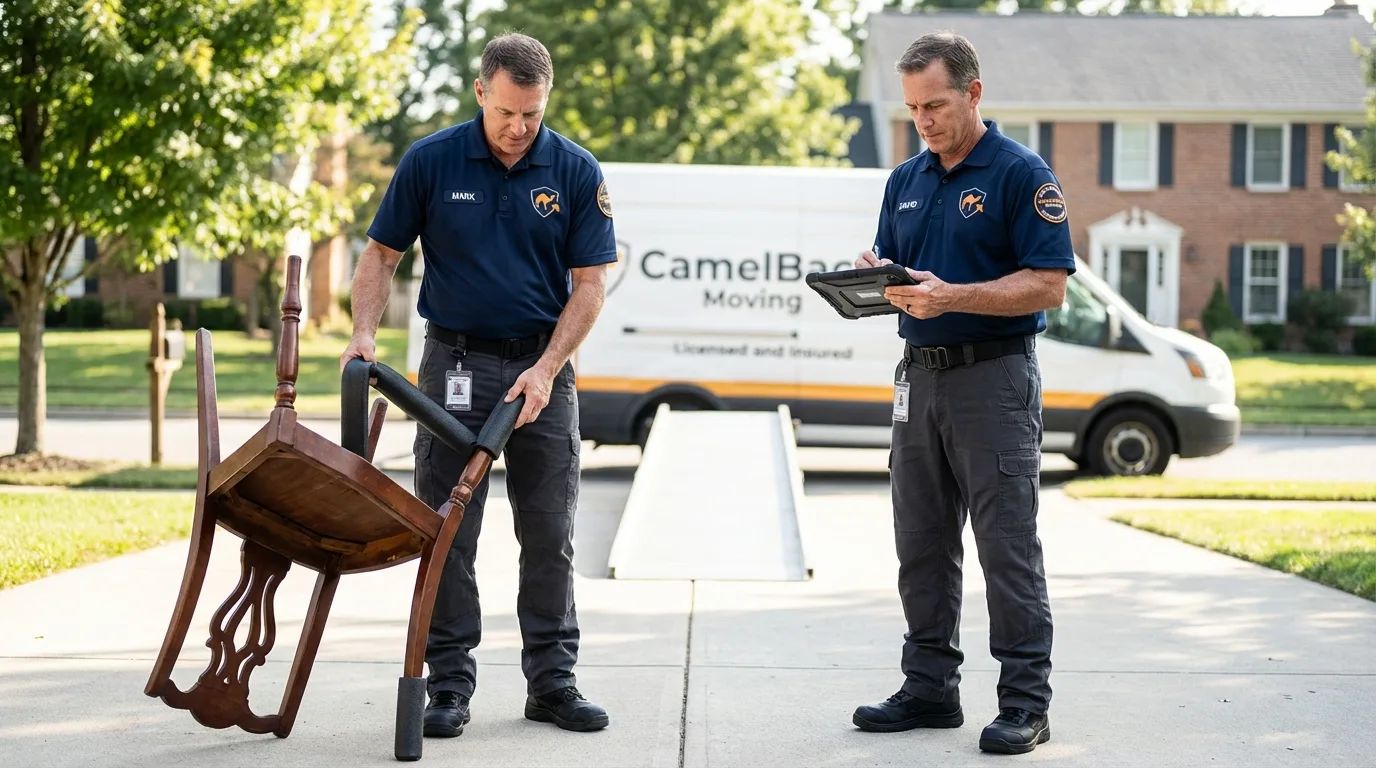 Movers inspecting furniture for damage prevention before loading in Delmont, PA