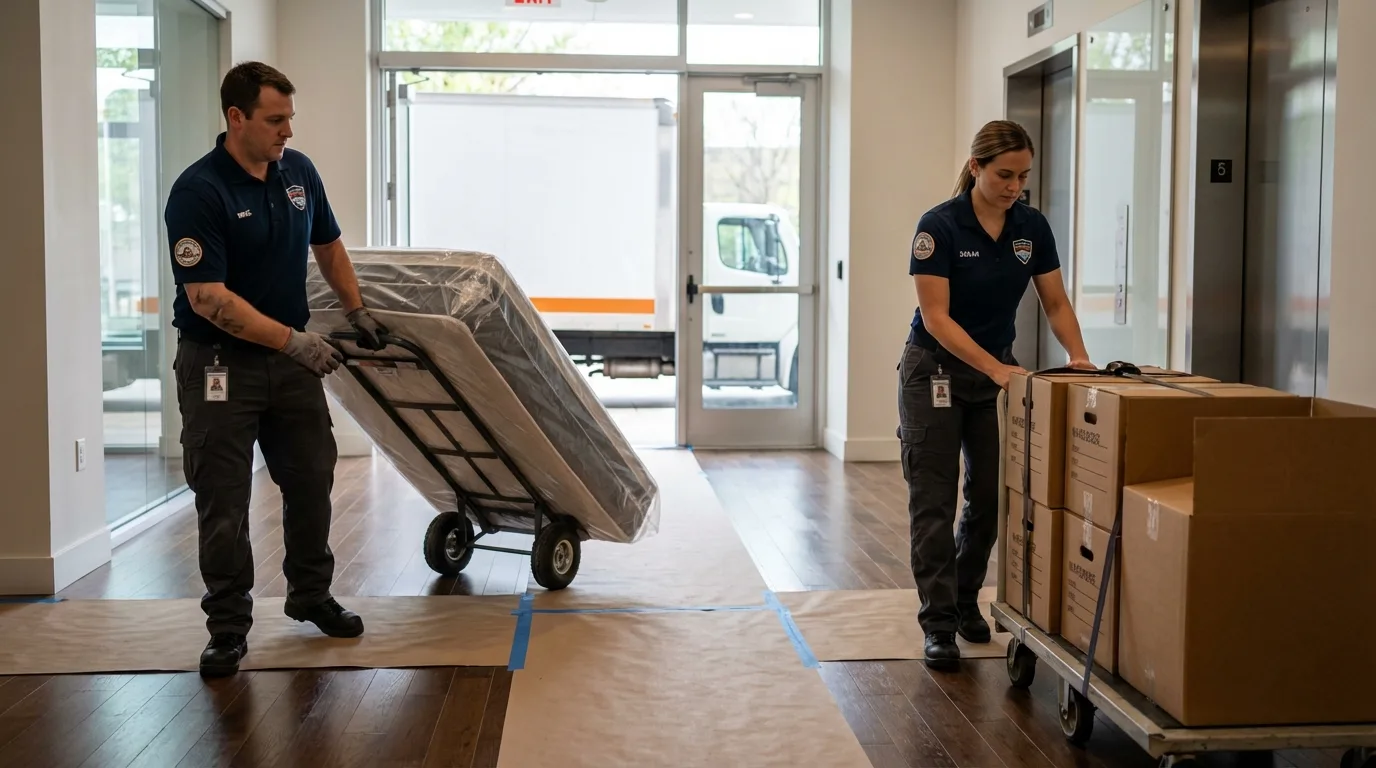Professional apartment movers loading elevator in Delmont, PA